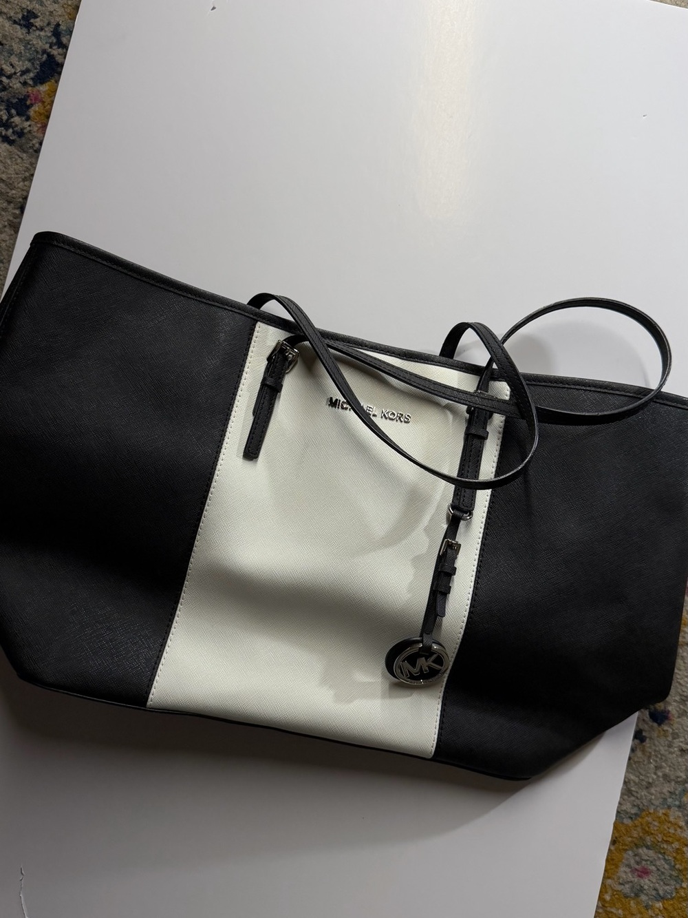 Michael Kors Black and White Center-Panel Leather Tote